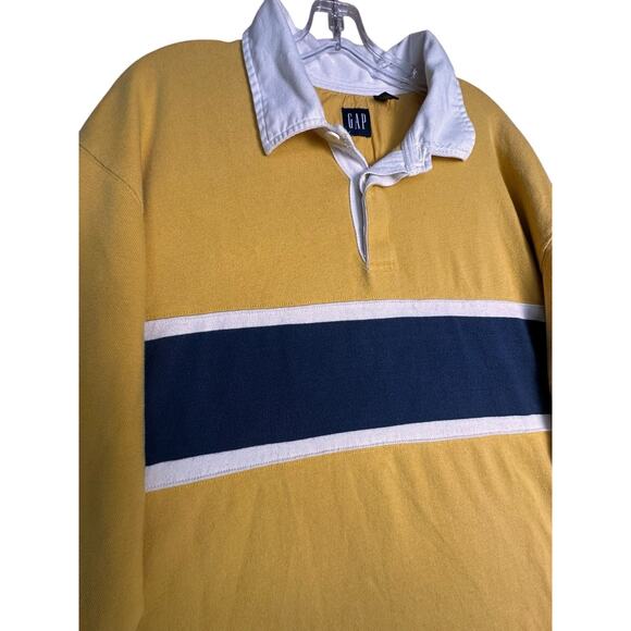 Vtg Y2K Rugby Shirt Mens XXL Yellow Navy Stripe Preppy Cotton Classic Pullover - Picture 4 of 16
